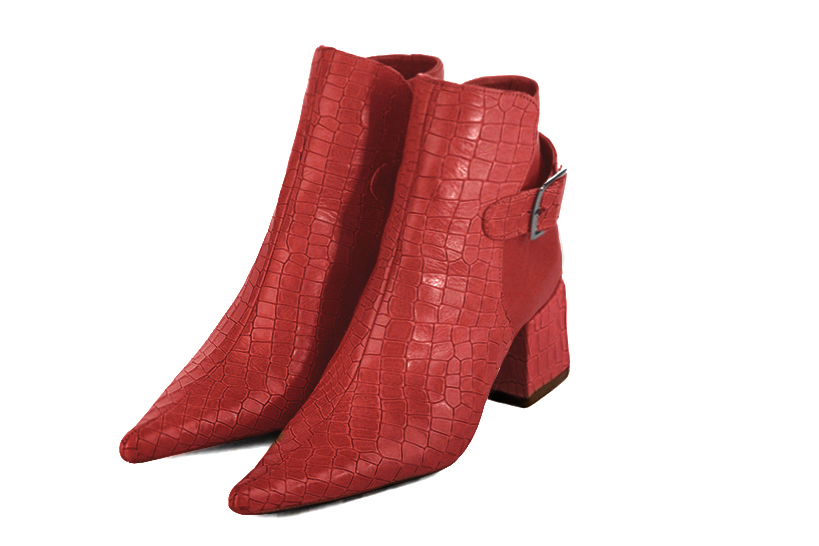 Scarlet red women's ankle boots with buckles at the back. Pointed toe. Medium block heels. Front view - Florence KOOIJMAN